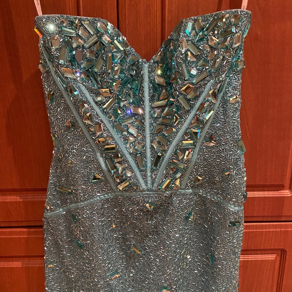 Sherri Hill Turquoise Over The Knee Beaded Dress View 2